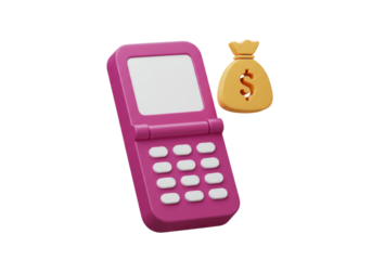 Isolated flip phone and bag of money render for financial transaction apps promotion