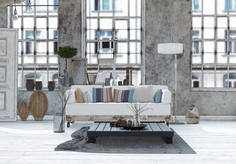 Industrial loft living room with a pallet sofa and concrete walls. 3d rendering of a modern interior