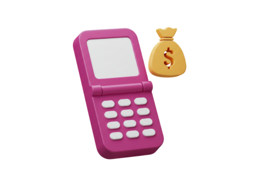 Isolated flip phone and bag of money render for financial transaction apps promotion