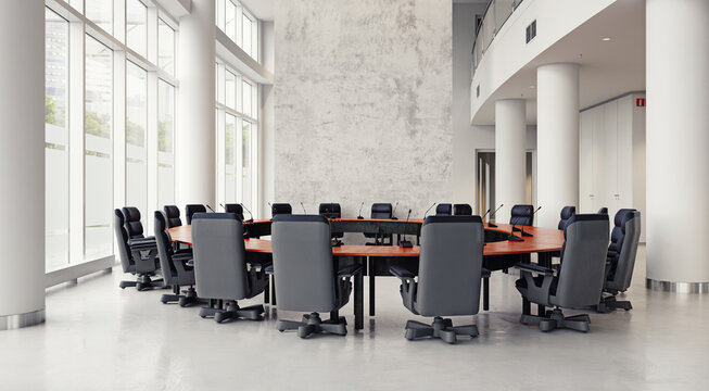 Modern empty conference room with a large round table. 3d rendering of a corporate boardroom interior