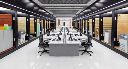 3d rendering of a modern office interior. Empty corporate workspace with desks and computers