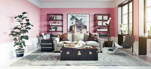 3d rendering of a modern eclectic living room with pink walls. Stylish home interior design concept