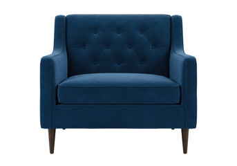 Isolated blue velvet tufted armchair for living room home decor interior design concept