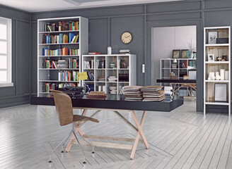 Modern home office interior with vintage typewriter on a desk. 3d rendering