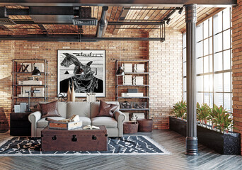 3d rendering of an industrial loft living room interior. Modern apartment with exposed brick walls