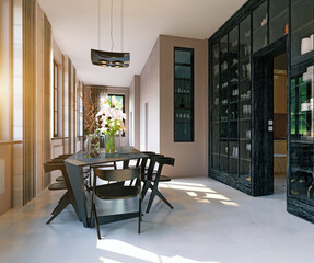 Modern dining room interior with black furniture and a glass cabinet. 3d rendering of a luxury home