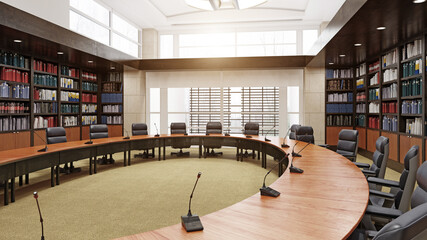 3d rendering of an empty corporate conference room. Modern boardroom interior with bookshelves