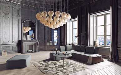 3d rendering of a luxurious eclectic living room with dark classic paneling and modern furniture