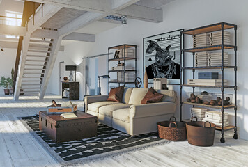 3d rendering of a modern industrial loft living room. Spacious home interior design with high ceilings