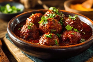 Savory meatballs in a rich red sauce, garnished with fresh green herbs in a rustic bowl