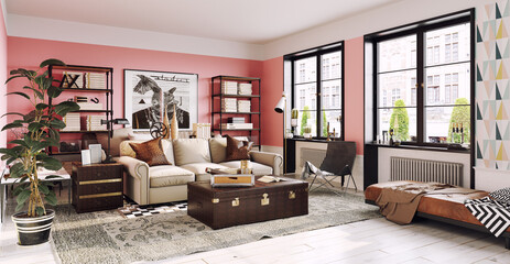 Eclectic living room interior with pink walls and modern furniture. 3d rendering of a stylish apartment