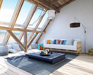 3d rendering of a modern rustic attic living room. Cozy loft interior with large skylight windows