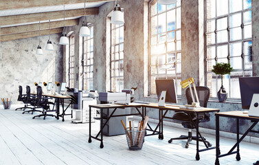 3d rendering of a modern industrial loft office interior. Empty sunlit workspace with desks and chairs