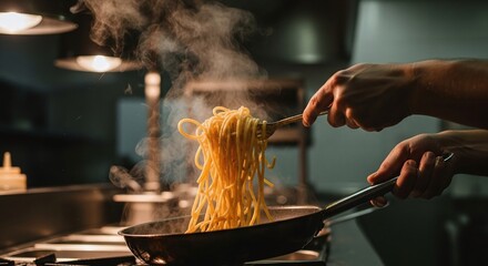 chef hands tossing pasta in pan