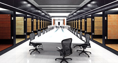 3d rendering of a modern showroom interior. Conference room with wood and tile material samples