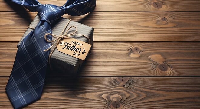Fathers Day Gift - Tie and Wrapped Present on Wood.