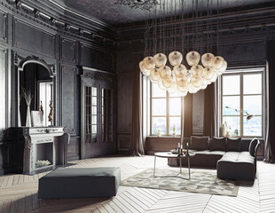 Luxury living room with dark classic walls and modern furniture. 3d rendering of an opulent interior design