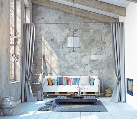 3d rendering of a rustic industrial loft living room with a pallet sofa and concrete walls