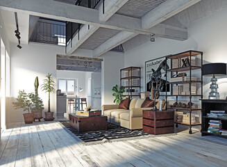 Modern industrial loft apartment interior with rustic furniture and exposed beams