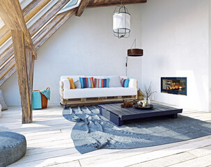 Modern rustic attic living room with a fireplace. 3d rendering of a cozy home interior with wooden beams