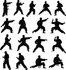 Martial arts silhouettes, karate poses, taekwondo stances, defensive moves, offensive techniques, black figures, training form, posture study, grid layout, combat motion