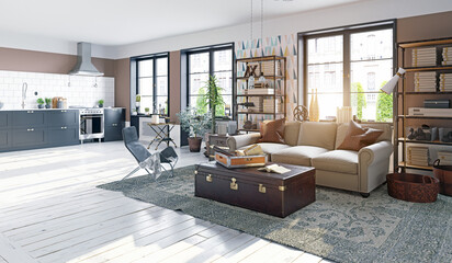Modern open plan apartment interior with living room and kitchen. 3d rendering of a sunlit home