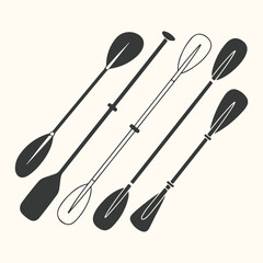 Vector art of collection of five different paddles and oars, isolated on a light background