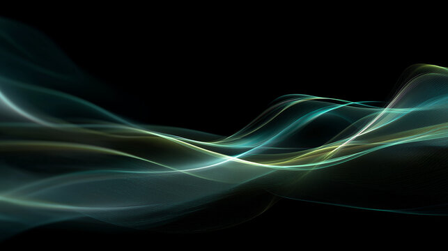 黒い背景の上空を穏やかに揺らめくオーロラのような青と緑の光の波紋