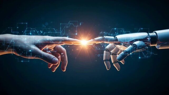 Human finger and robot finger touching with bright light and digital network connections image photo