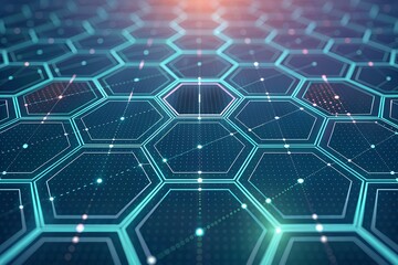 futuristic digital network with glowing hexagonal cells and connections, dot network, webdesign,AI