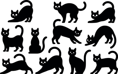 Various black cat silhouettes in different poses on white background