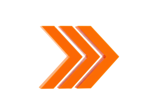 Isolated set of three orange arrow symbols, right facing direction indicators for websites and apps