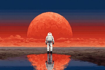 8 Bit Astronaut on Mars. Retro Pixel Art Space Explorer in Unknown Sky