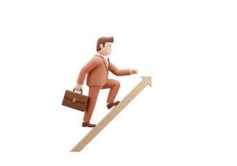 Isolated cartoon businessman climbing arrow of success, career growth to success, concept