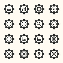 Vector art of set of 16 gear icons with different symbols representing industry, technology, and business concepts