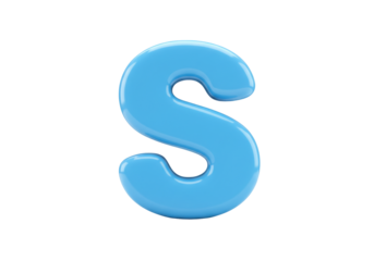 Isolated blue letter S, rounded and glossy font, 3D rendering of alphabet character