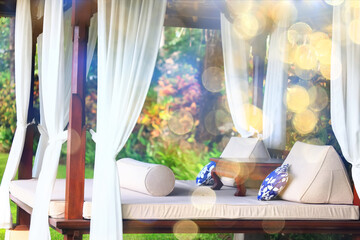 Tropical beach view, beach furniture deck chairs in the southern landscape of vacation