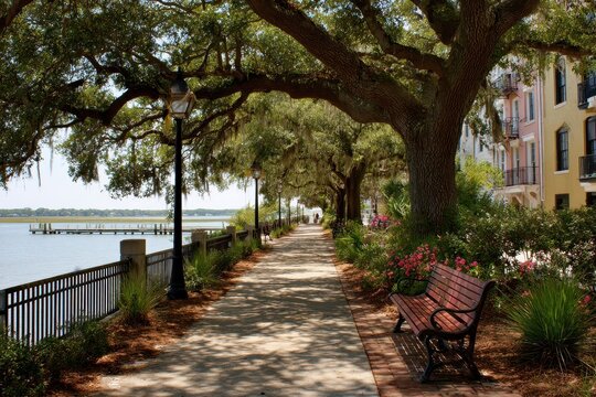 Fototapeta Promenade on the Waterfront of Beaufort, South Carolina. Henry Chamber Park in Beaufort County