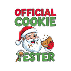 Funny santa claus eating a cookie text official cookie tester isolated on transparent background