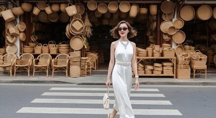 A woman in a white satin dress and sunglasses walks across a zebra crossing, passing a rattan and bamboo basket shop; natural brown tones, warm ambiance, light accessories, cream bag, gray cement road