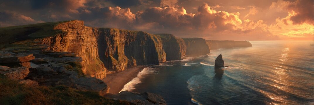 Sunset Over Cliffs of Moher, Ireland. Majestic Landscape with Sun Reflecting on Water