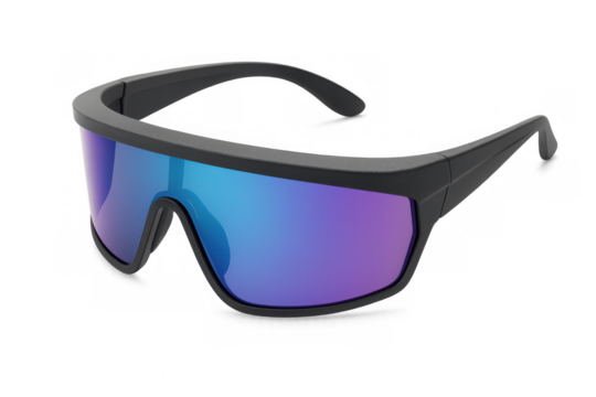 Black framed sports sunglasses featuring blue and purple gradient mirrored lenses, isolated on a transparent background