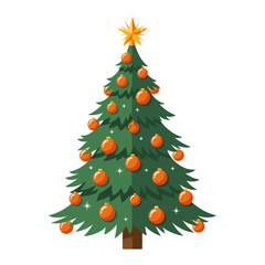 Decorated christmas tree with star and orange ornaments. Holiday vector illustration.