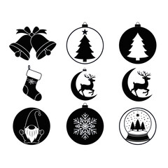 Festive christmas ornaments with tree, bells, snow globe, snowflake, deer and gnome.