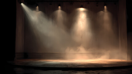 A captivating stage illuminated by spotlights, creating an atmospheric scene. The stage is enveloped in an ethereal haze, creating a sense of anticipation