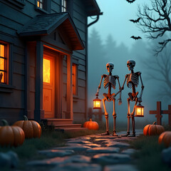Two skeletons holding lanterns stand on a stone path leading to a lit doorway, framed by Halloween pumpkins. This image was uploaded to Adobe Stock.