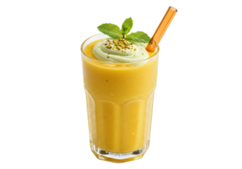 Isolated glass of mango lassi drink with cream, mint and straw on top, delicious dessert