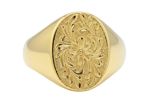 Isolated gold floral signet ring for mens and womens, jewelry with flower, antique and vintage