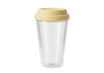 Isolated cup with double wall glass and beige lid for coffee or tea against seamless backdrop