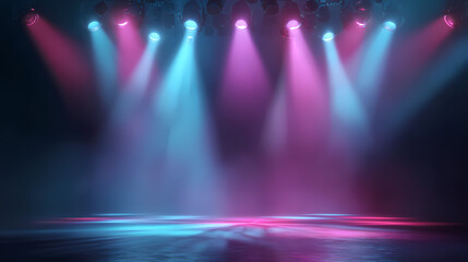 Illuminated stage with vibrant lights creating a dramatic atmosphere. The lights are shining in various colors, casting a bright glow on the stage